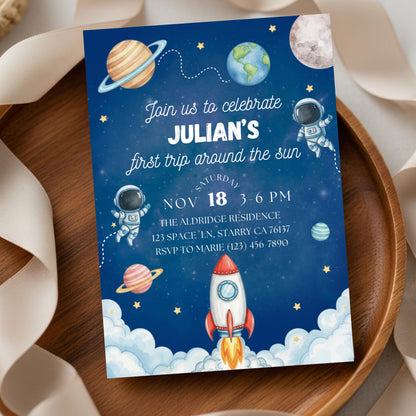 First Trip Around the Sun Invite Space Birthday Party Invitation Space Birthday Invite Space Rocket Planets Boy Girl Party Canva Template
