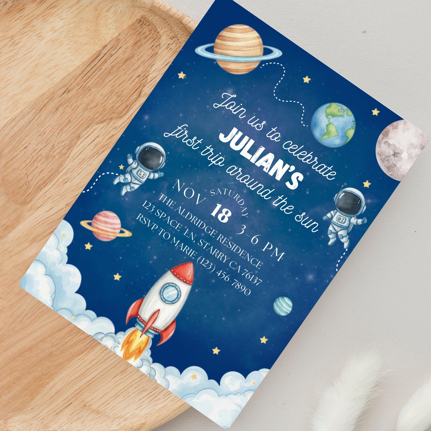 First Trip Around the Sun Invite Space Birthday Party Invitation Space Birthday Invite Space Rocket Planets Boy Girl Party Canva Template