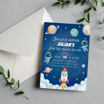 First Trip Around the Sun Invite Space Birthday Party Invitation Space Birthday Invite Space Rocket Planets Boy Girl Party Canva Template