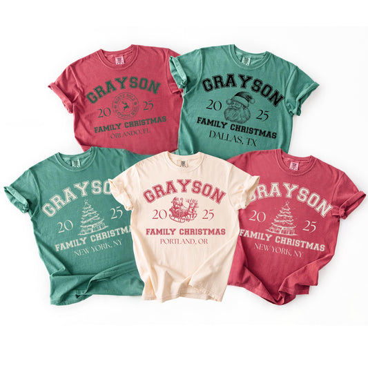 Custom Family Christmas Shirt Comfort Colors Matching Family Christmas Shirt Personalized Name Christmas Shirt Vintage Santa Varsity Shirt