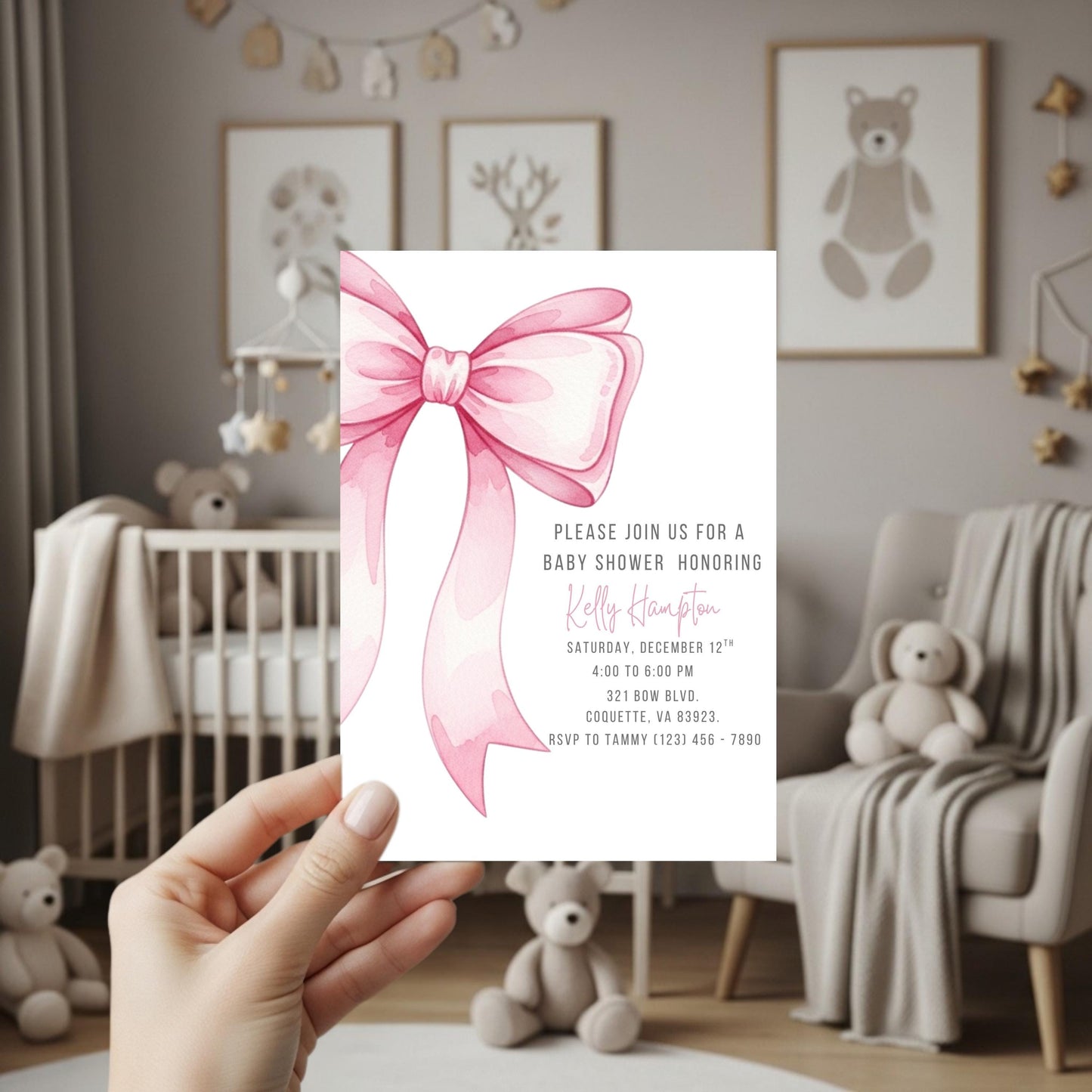 Pink Bow Baby Shower Invitation Editable Elegant Watercolor Coquette Bow Invitation Pink Girl Baby Shower Invite Pink Ribbon Baby Shower
