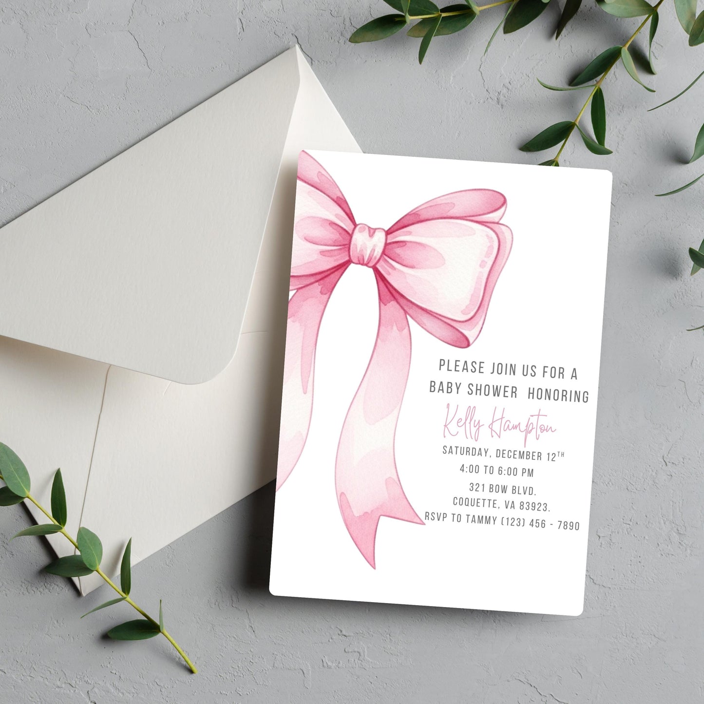 Pink Bow Baby Shower Invitation Editable Elegant Watercolor Coquette Bow Invitation Pink Girl Baby Shower Invite Pink Ribbon Baby Shower