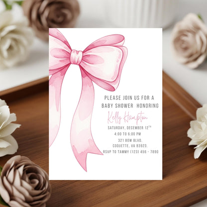 Pink Bow Baby Shower Invitation Editable Elegant Watercolor Coquette Bow Invitation Pink Girl Baby Shower Invite Pink Ribbon Baby Shower