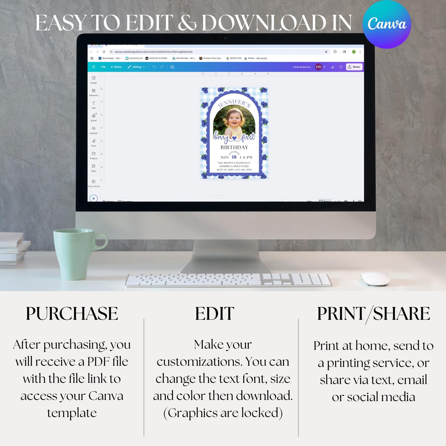 Berry First Birthday Invitation Editable Photo 1st Birthday Party Invitation Printable Blueberry Birthday Invite Girls 1st Birthday Template