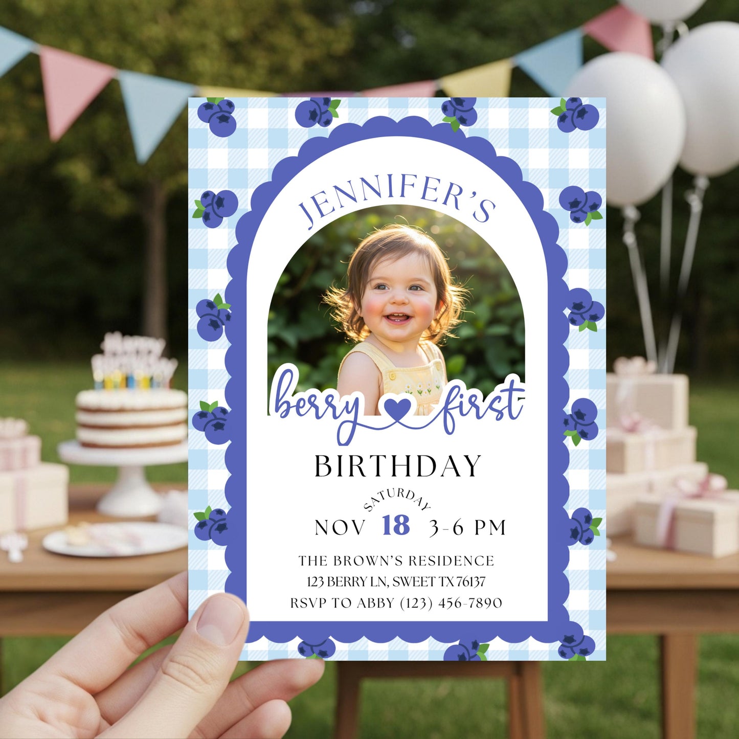 Berry First Birthday Invitation Editable Photo 1st Birthday Party Invitation Printable Blueberry Birthday Invite Girls 1st Birthday Template