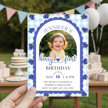 Berry First Birthday Invitation Editable Photo 1st Birthday Party Invitation Printable Blueberry Birthday Invite Girls 1st Birthday Template