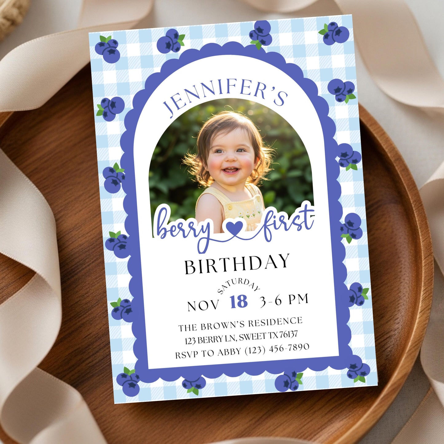 Berry First Birthday Invitation Editable Photo 1st Birthday Party Invitation Printable Blueberry Birthday Invite Girls 1st Birthday Template