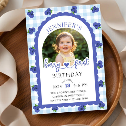 Berry First Birthday Invitation Editable Photo 1st Birthday Party Invitation Printable Blueberry Birthday Invite Girls 1st Birthday Template