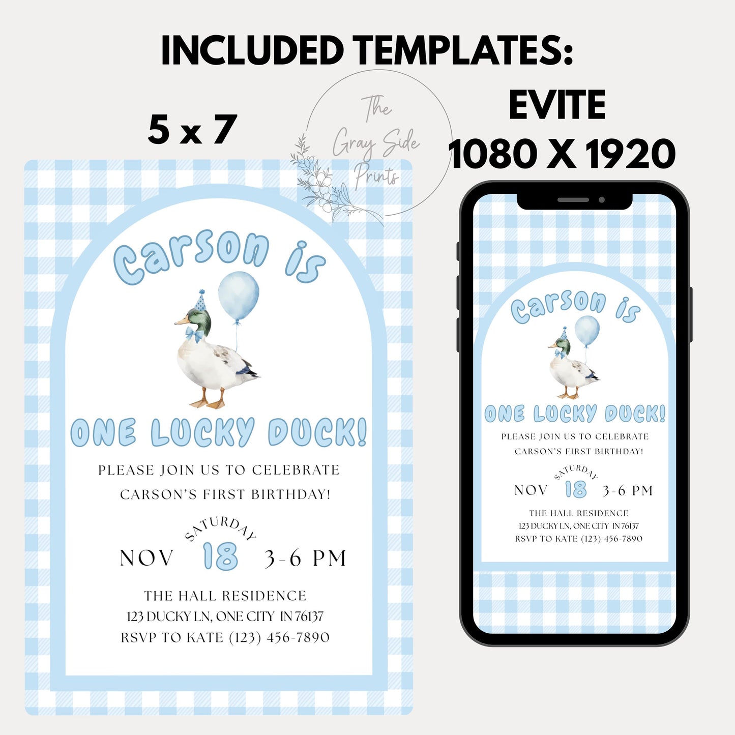 One Lucky Duck Birthday Invitation Boys First Birthday Invite Boys 1st Birthday Invite Mallard Duck Invite Gingham 1st Birthday Party Invite