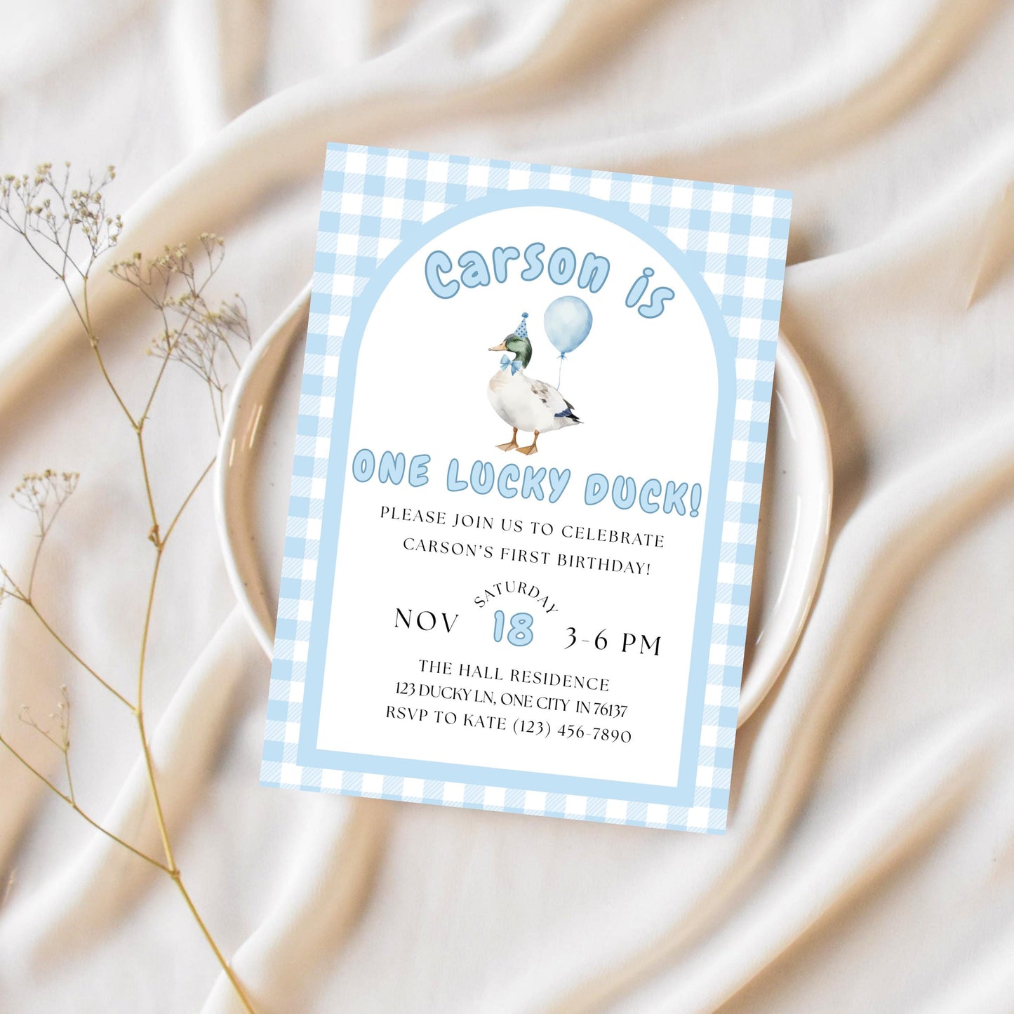 One Lucky Duck Birthday Invitation Boys First Birthday Invite Boys 1st Birthday Invite Mallard Duck Invite Gingham 1st Birthday Party Invite