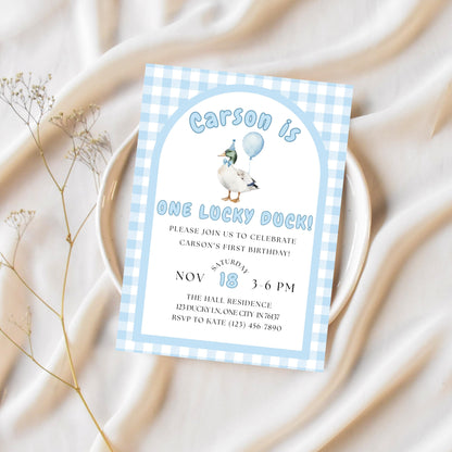 One Lucky Duck Birthday Invitation Boys First Birthday Invite Boys 1st Birthday Invite Mallard Duck Invite Gingham 1st Birthday Party Invite
