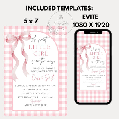 Sweet Little Girl Baby Shower Invitation Girl Baby Shower Invite Pink Gingham Baby Shower Invitation Baby On The Way Baby Shower Invite