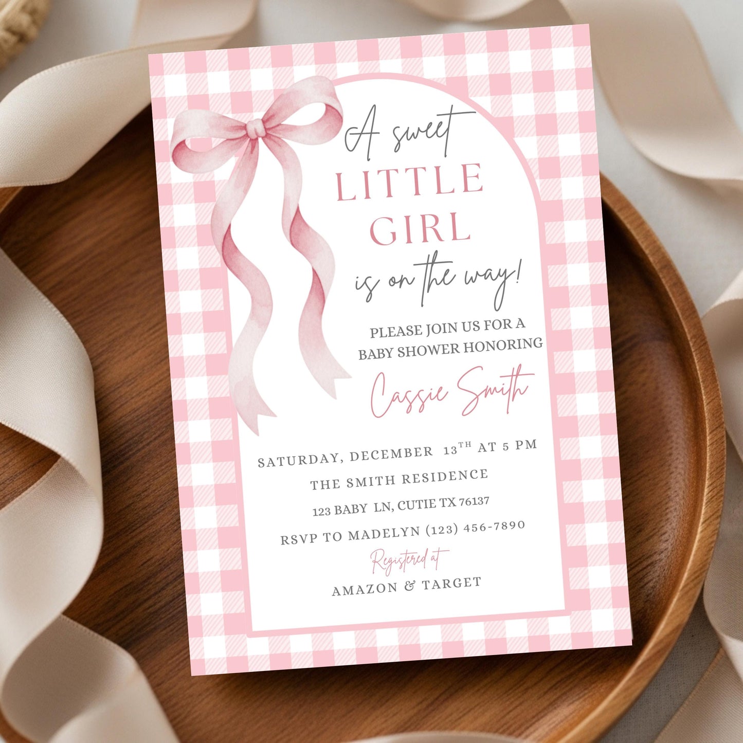 Sweet Little Girl Baby Shower Invitation Girl Baby Shower Invite Pink Gingham Baby Shower Invitation Baby On The Way Baby Shower Invite