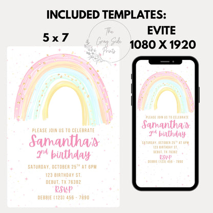 Girls Rainbow Birthday Invitation Rainbow Invite Rainbow Birthday Invitation Template  Rainbow thank you tag Rainbow Template Girls Invite