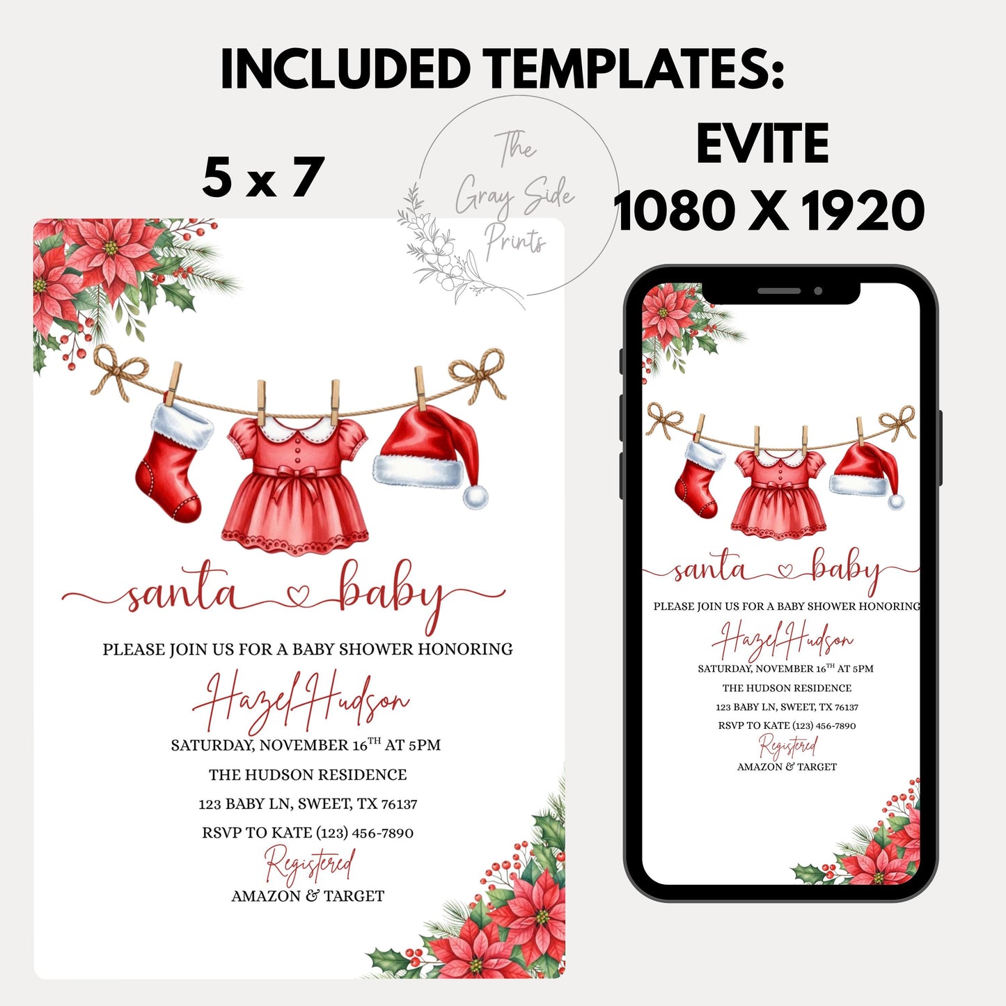Santa Baby Shower Invitation Winter Christmas Holiday Baby Shower Invite Merry Little Baby Shower Baby Clothesline Instant Download