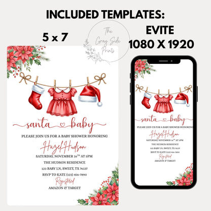 Santa Baby Shower Invitation Winter Christmas Holiday Baby Shower Invite Merry Little Baby Shower Baby Clothesline Instant Download