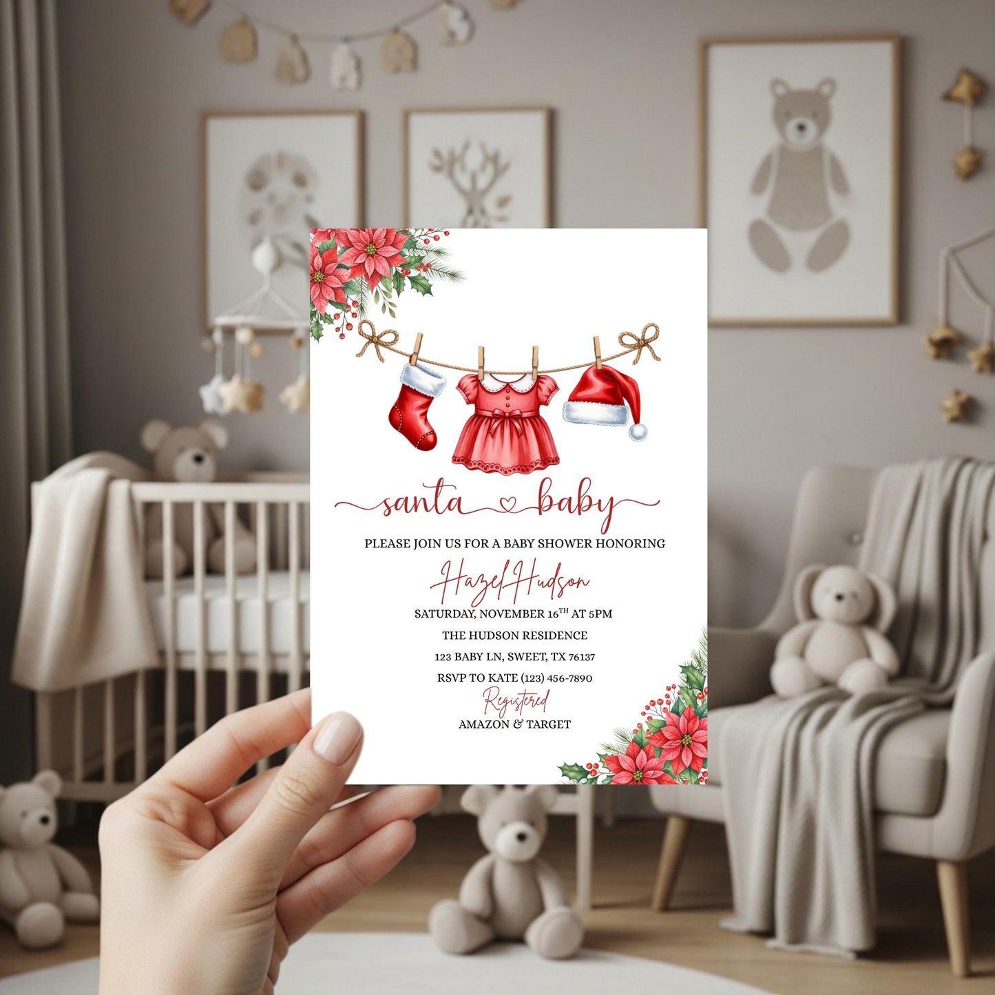 Santa Baby Shower Invitation Winter Christmas Holiday Baby Shower Invite Merry Little Baby Shower Baby Clothesline Instant Download