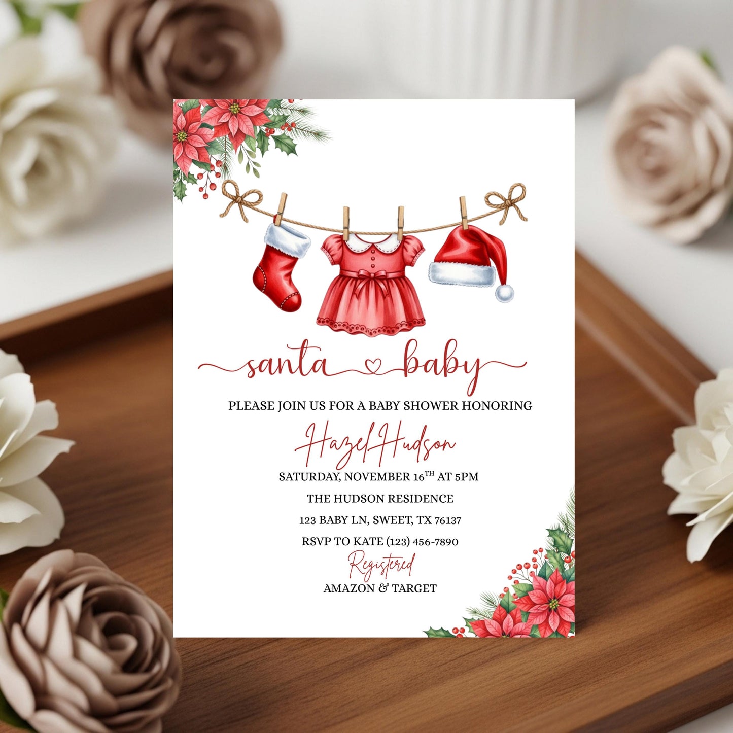 Santa Baby Shower Invitation Winter Christmas Holiday Baby Shower Invite Merry Little Baby Shower Baby Clothesline Instant Download