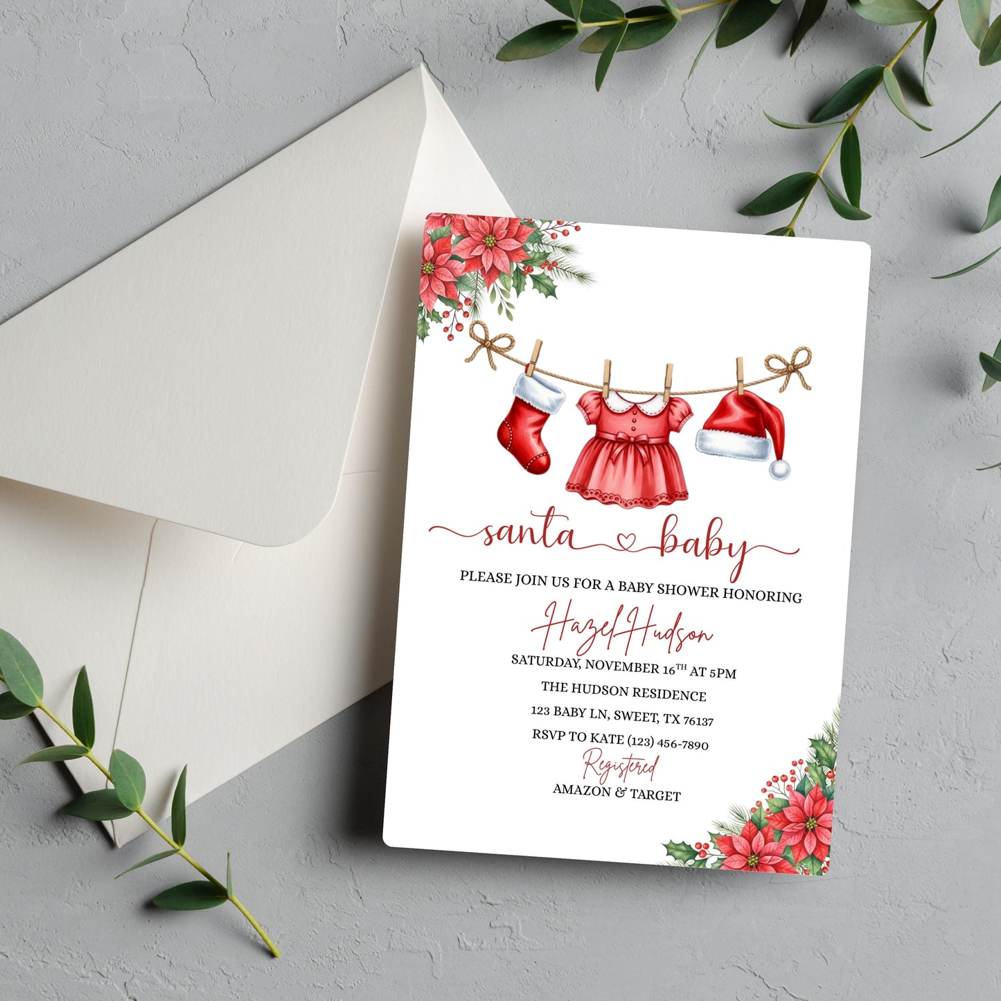 Santa Baby Shower Invitation Winter Christmas Holiday Baby Shower Invite Merry Little Baby Shower Baby Clothesline Instant Download