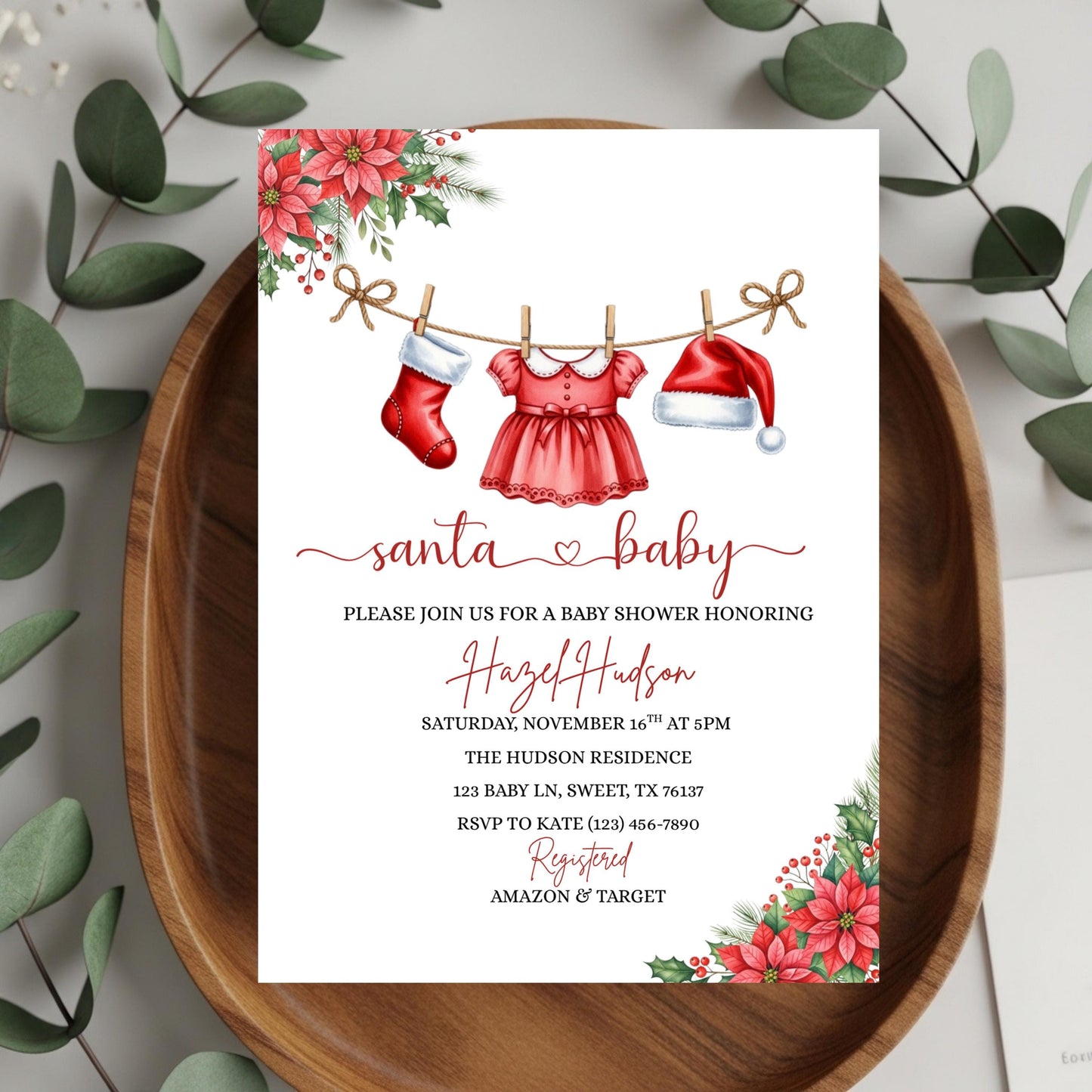 Santa Baby Shower Invitation Winter Christmas Holiday Baby Shower Invite Merry Little Baby Shower Baby Clothesline Instant Download
