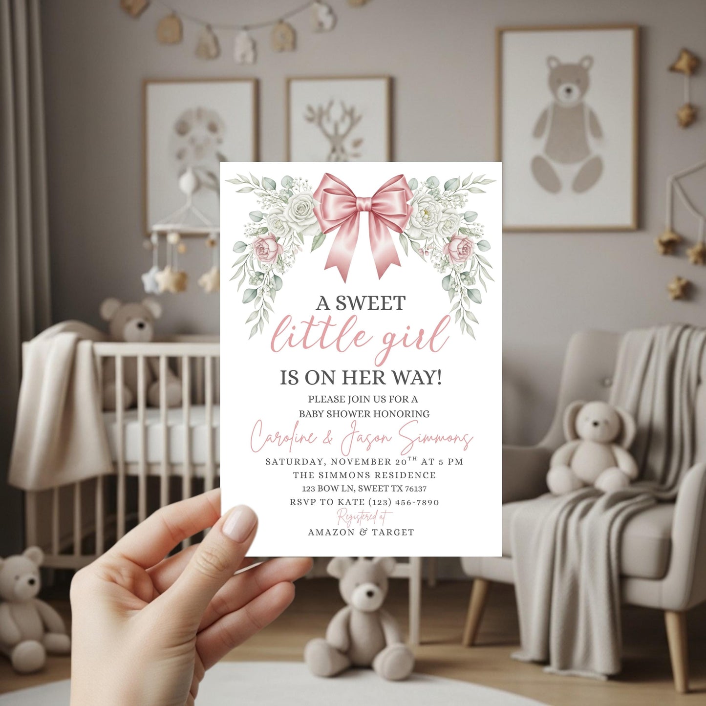 Pink Bow Baby Shower Invitation Floral Baby Shower Girls Baby Shower Invite Girl Baby Shower Invitation Baby Shower Bundle Pink Baby Shower