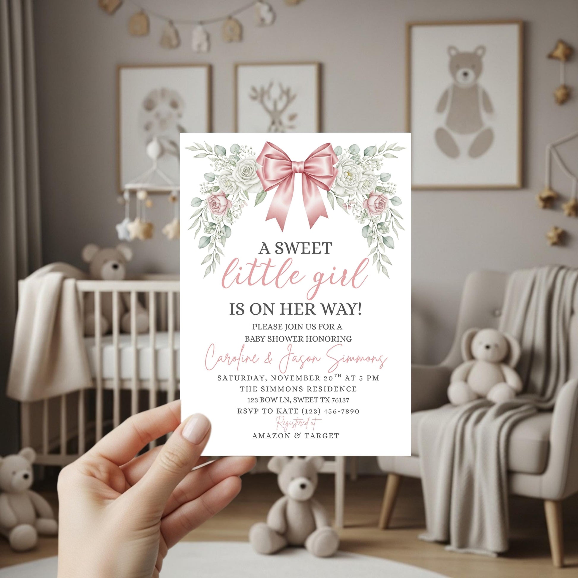 Pink Bow Baby Shower Invitation Floral Baby Shower Girls Baby Shower Invite Girl Baby Shower Invitation Baby Shower Bundle Pink Baby Shower