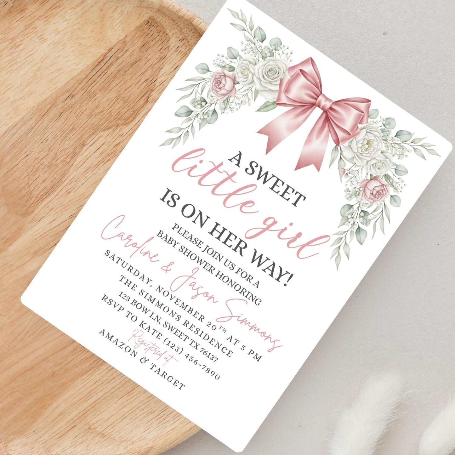 Pink Bow Baby Shower Invitation Floral Baby Shower Girls Baby Shower Invite Girl Baby Shower Invitation Baby Shower Bundle Pink Baby Shower