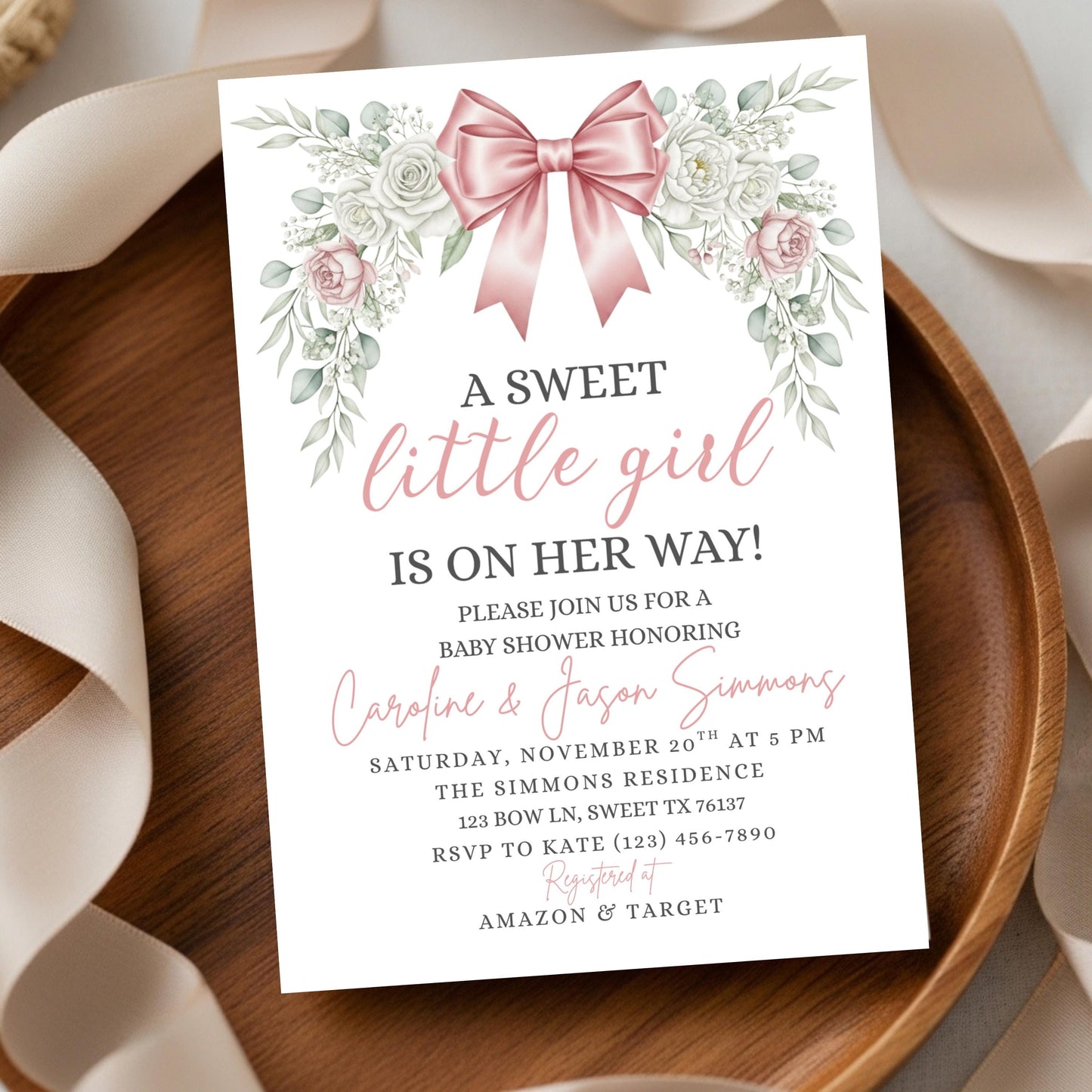 Pink Bow Baby Shower Invitation Floral Baby Shower Girls Baby Shower Invite Girl Baby Shower Invitation Baby Shower Bundle Pink Baby Shower