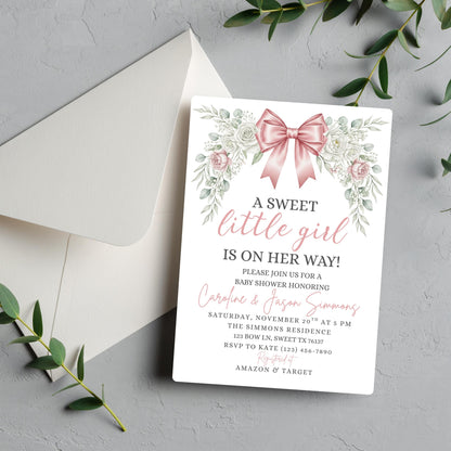 Pink Bow Baby Shower Invitation Floral Baby Shower Girls Baby Shower Invite Girl Baby Shower Invitation Baby Shower Bundle Pink Baby Shower