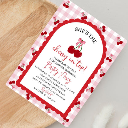 Cherry Baby Shower Invitation Template, Editable Cherry on Top Baby Shower Invitation, Printable Pink Baby Shower Invites Girl Baby Shower