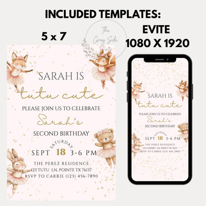 Tutu Cute Birthday Invitation Ballerina 2nd Birthday Invite Two Cute Invite Second Birthday Invitation Girl Ballet Woodland Birthday Invite
