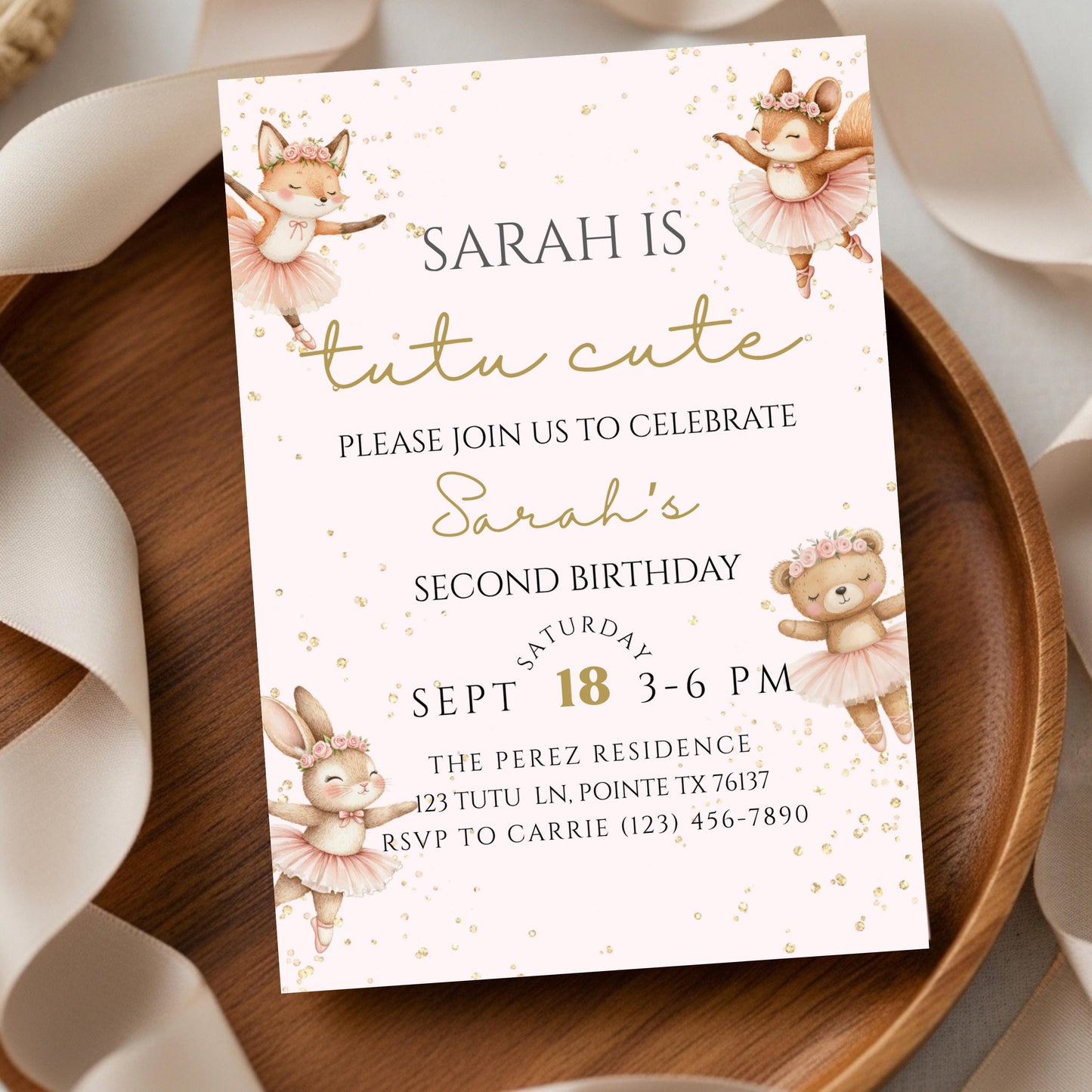 Tutu Cute Birthday Invitation Ballerina 2nd Birthday Invite Two Cute Invite Second Birthday Invitation Girl Ballet Woodland Birthday Invite