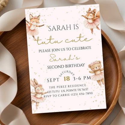 Tutu Cute Birthday Invitation Ballerina 2nd Birthday Invite Two Cute Invite Second Birthday Invitation Girl Ballet Woodland Birthday Invite