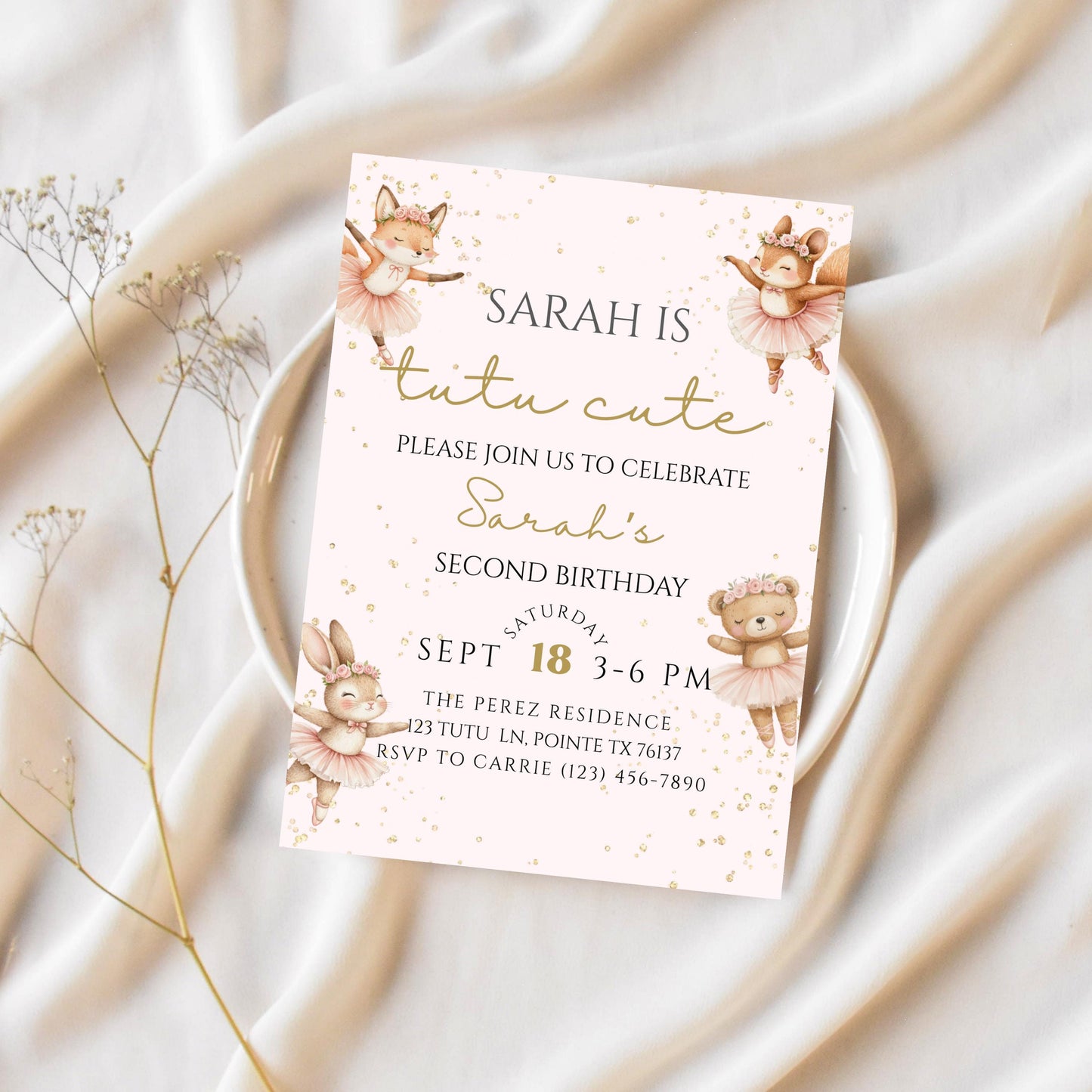 Tutu Cute Birthday Invitation Ballerina 2nd Birthday Invite Two Cute Invite Second Birthday Invitation Girl Ballet Woodland Birthday Invite