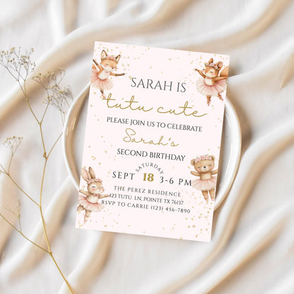 Tutu Cute Birthday Invitation Ballerina 2nd Birthday Invite Two Cute Invite Second Birthday Invitation Girl Ballet Woodland Birthday Invite