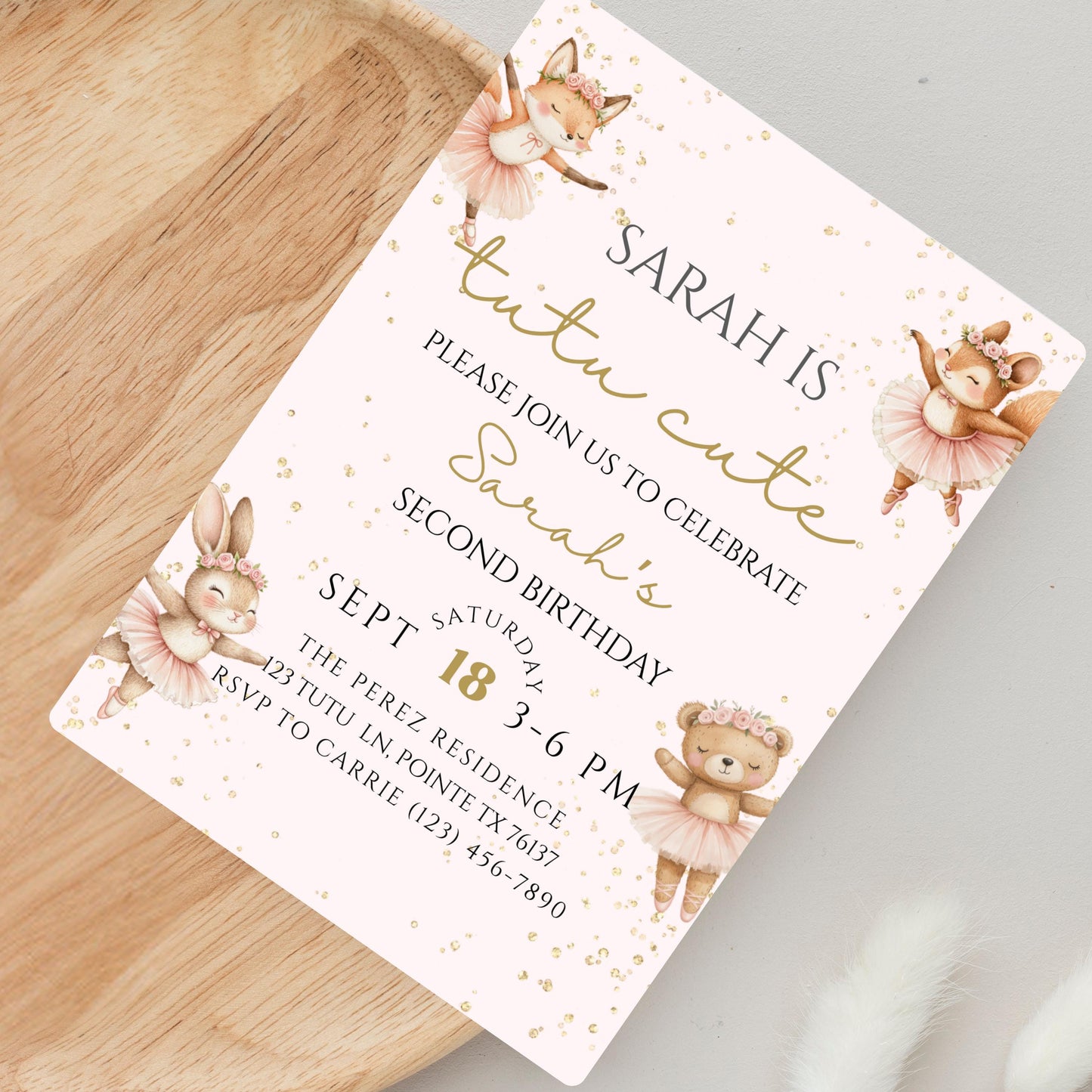 Tutu Cute Birthday Invitation Ballerina 2nd Birthday Invite Two Cute Invite Second Birthday Invitation Girl Ballet Woodland Birthday Invite