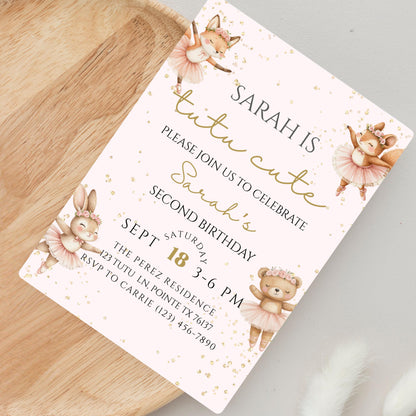 Tutu Cute Birthday Invitation Ballerina 2nd Birthday Invite Two Cute Invite Second Birthday Invitation Girl Ballet Woodland Birthday Invite