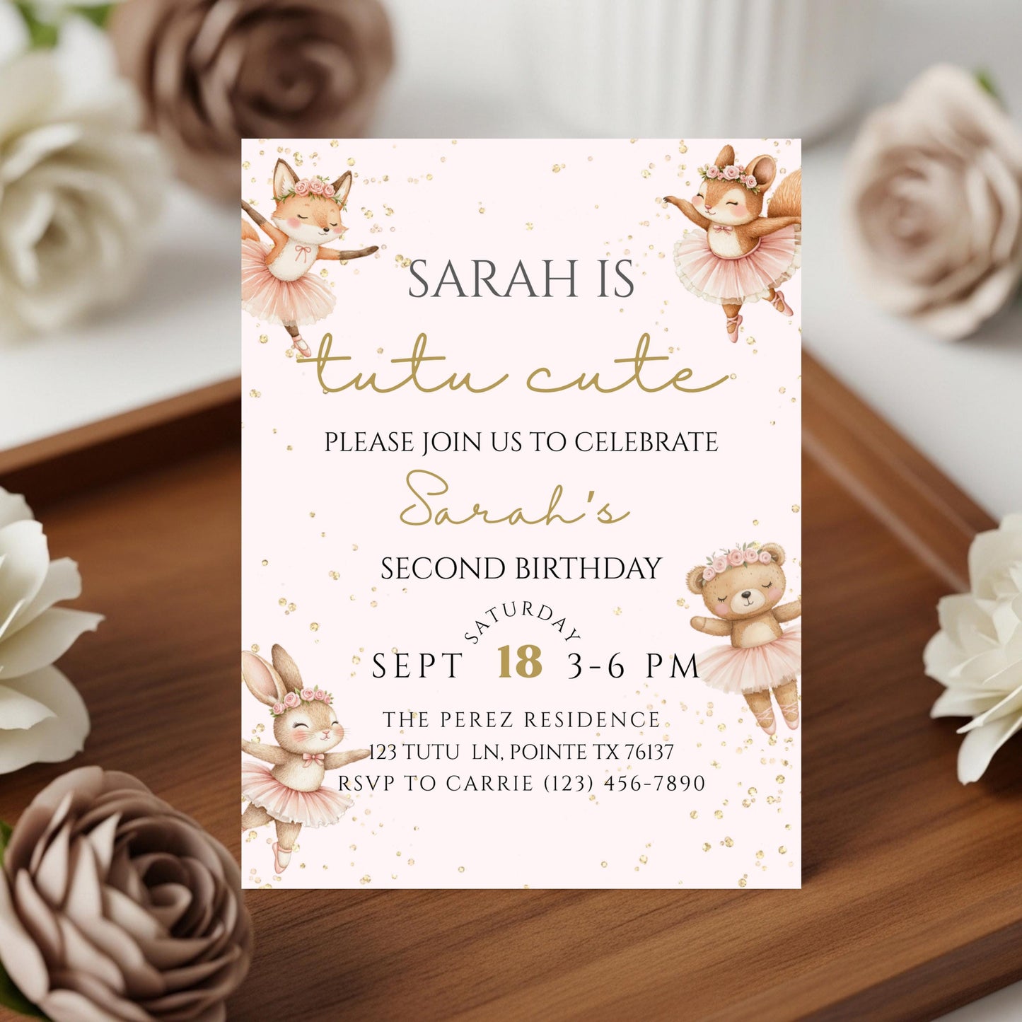 Tutu Cute Birthday Invitation Ballerina 2nd Birthday Invite Two Cute Invite Second Birthday Invitation Girl Ballet Woodland Birthday Invite