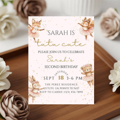 Tutu Cute Birthday Invitation Ballerina 2nd Birthday Invite Two Cute Invite Second Birthday Invitation Girl Ballet Woodland Birthday Invite
