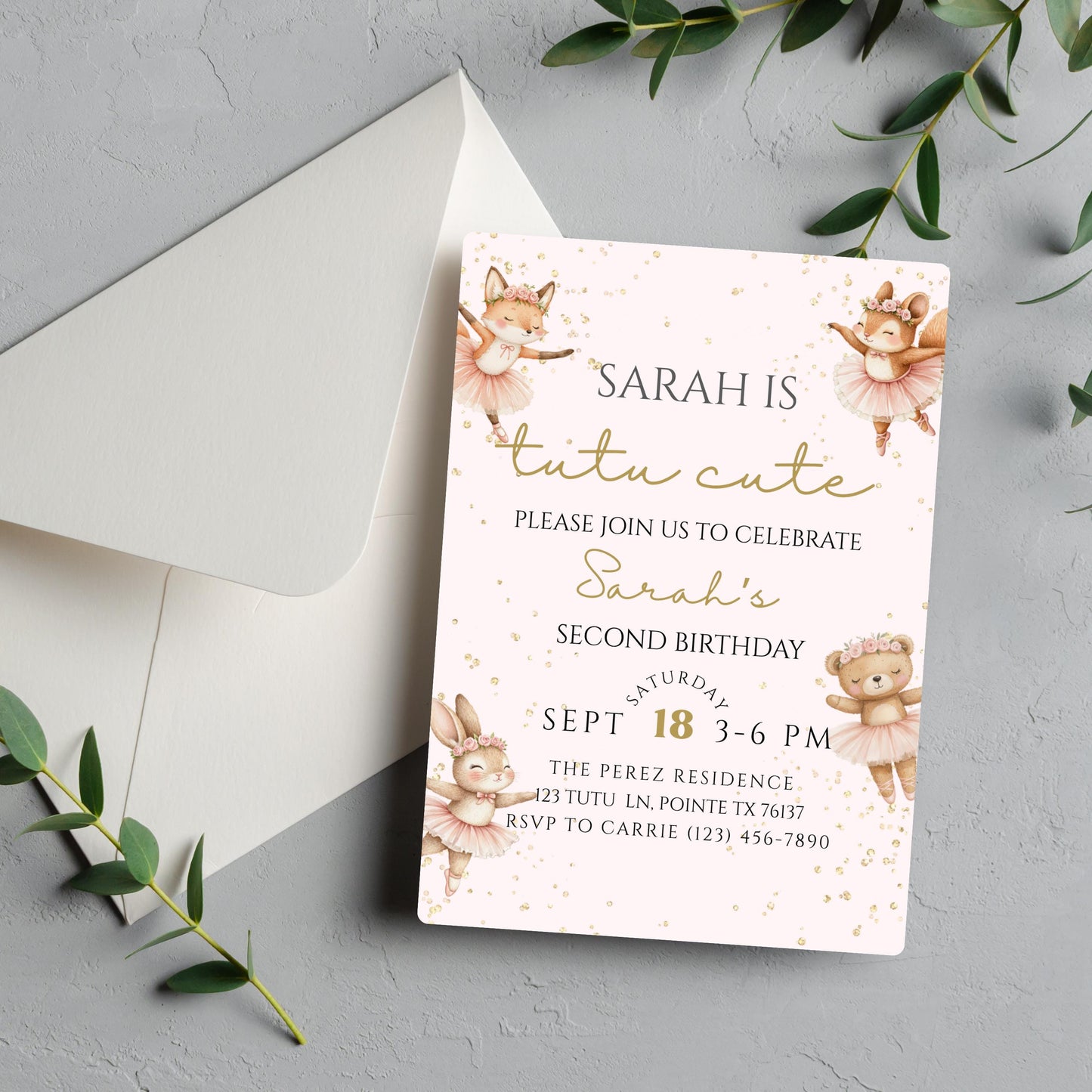 Tutu Cute Birthday Invitation Ballerina 2nd Birthday Invite Two Cute Invite Second Birthday Invitation Girl Ballet Woodland Birthday Invite