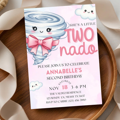 Twonado Birthday Invite She's A Little Twonado Invite Two Year Old Girl Birthday Two Nado Birthday Party 2nd Birthday Invite Girls Birthday