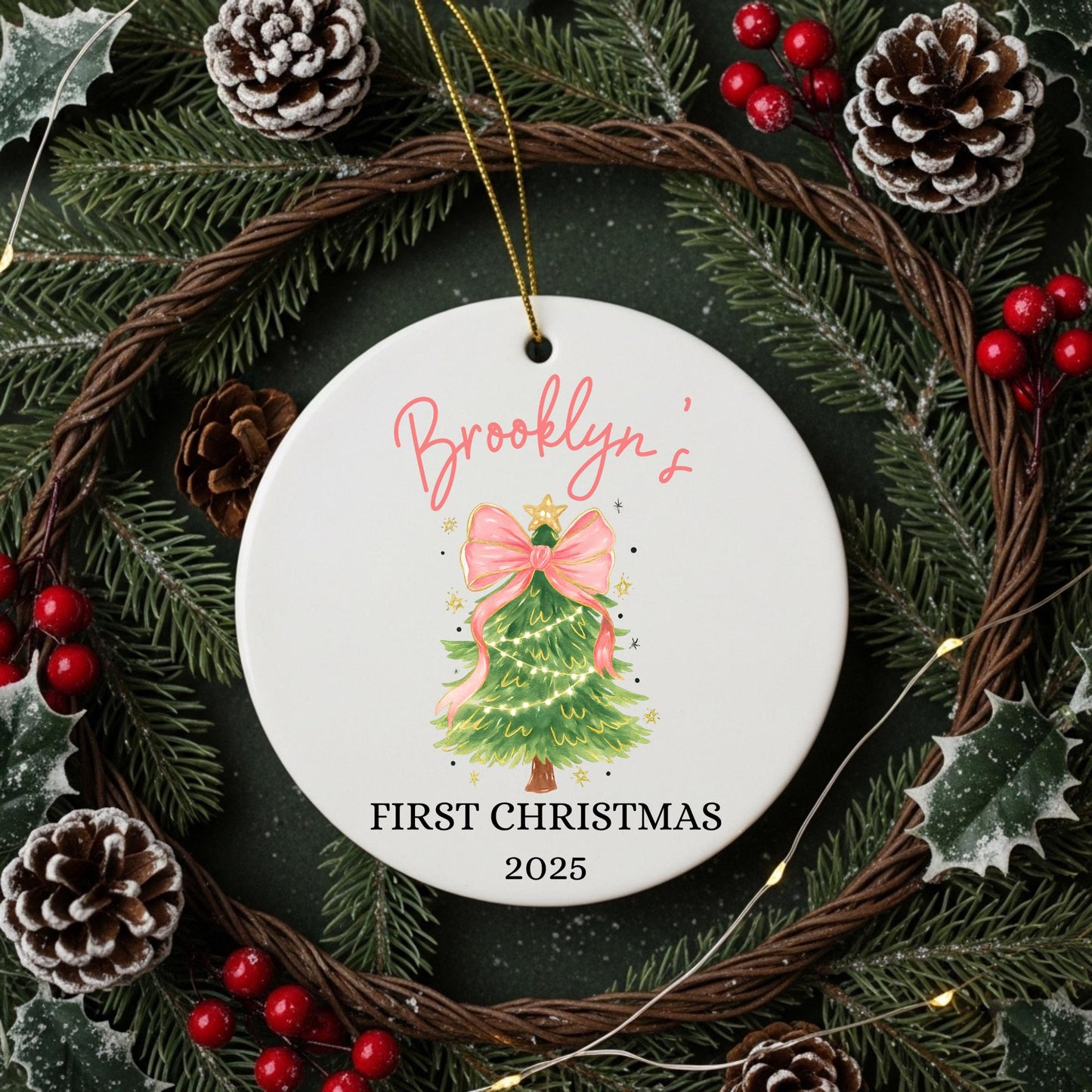 Baby First Christmas Ornament 2025 Personalized First Christmas Ornament Baby Girl Name Baby Shower Gift Baby Family Keepsake Pink Bow