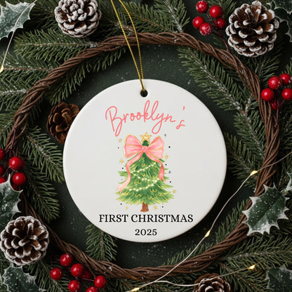 Baby First Christmas Ornament 2025 Personalized First Christmas Ornament Baby Girl Name Baby Shower Gift Baby Family Keepsake Pink Bow
