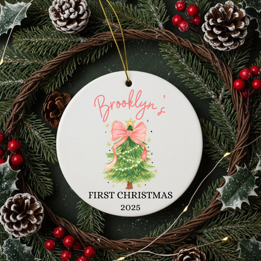Baby First Christmas Ornament 2025 Personalized First Christmas Ornament Baby Girl Name Baby Shower Gift Baby Family Keepsake Pink Bow