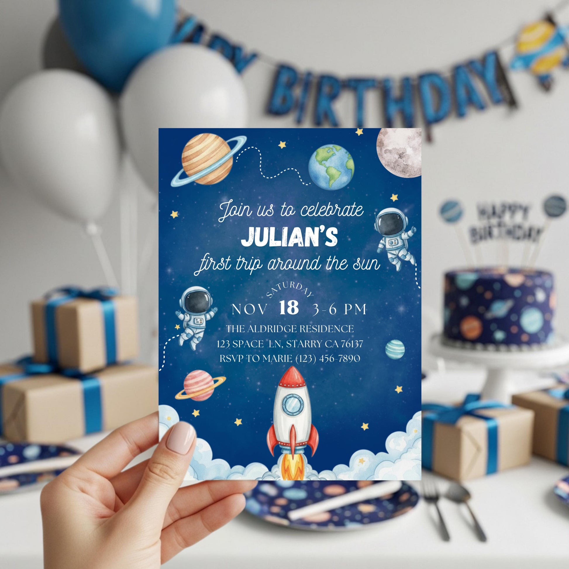 Space Birthday Party Invitation First Trip Around the Sun Invite Space Birthday Invite Space Rocket Planets Boy Girl Party Canva Template