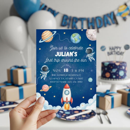 Space Birthday Party Invitation First Trip Around the Sun Invite Space Birthday Invite Space Rocket Planets Boy Girl Party Canva Template