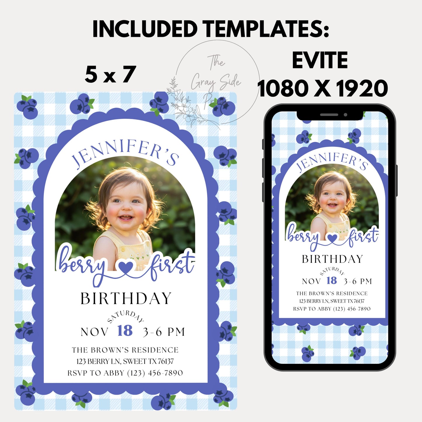 Berry First Birthday Invitation Editable Photo 1st Birthday Party Invitation Printable Blueberry Birthday Invite Girls 1st Birthday Template