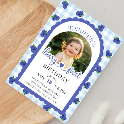 Berry First Birthday Invitation Editable Photo 1st Birthday Party Invitation Printable Blueberry Birthday Invite Girls 1st Birthday Template