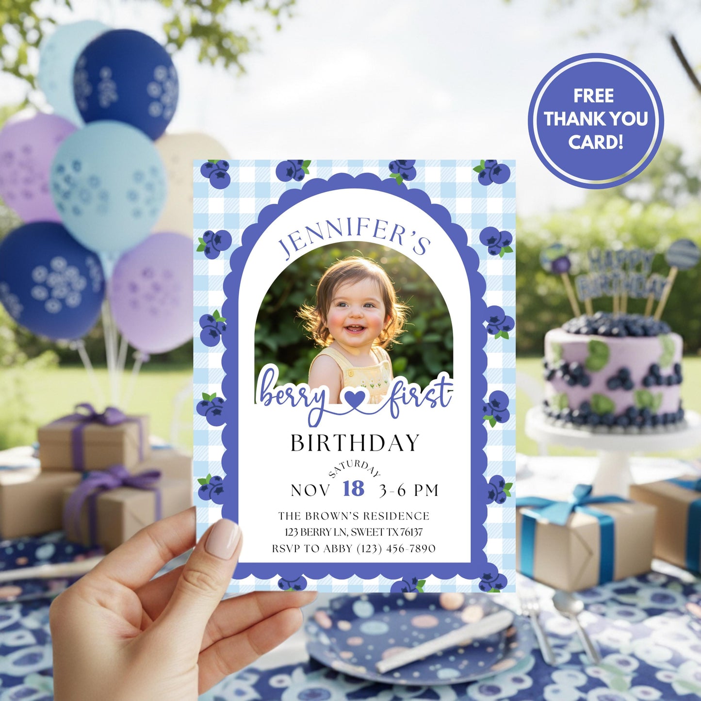 Berry First Birthday Invitation Editable Photo 1st Birthday Party Invitation Printable Blueberry Birthday Invite Girls 1st Birthday Template