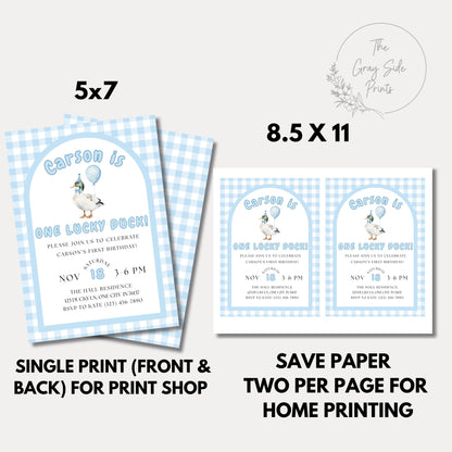 One Lucky Duck Birthday Invitation Boys First Birthday Invite Boys 1st Birthday Invite Mallard Duck Invite Gingham 1st Birthday Party Invite